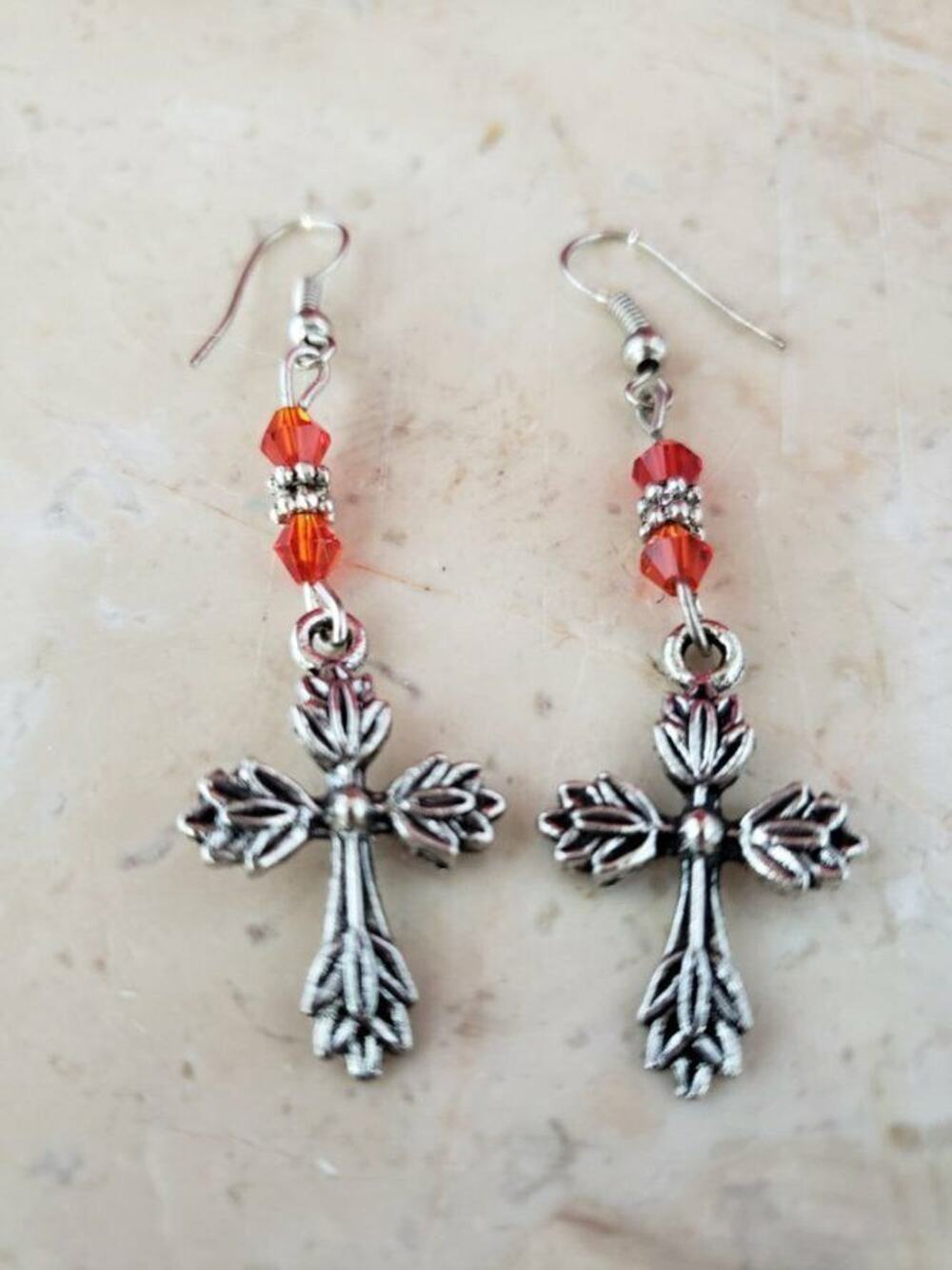 Cross Dangle Earrings Silver Tone with Red Accents - Brand New
